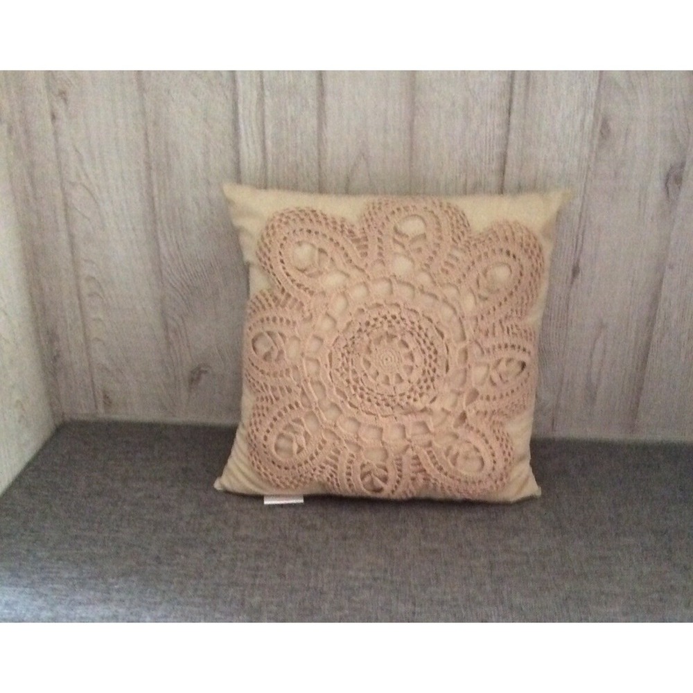 Candies Beige Lace Crochet Front Bed Sofa Throw Square Pillow 16" Farmhouse Boho
